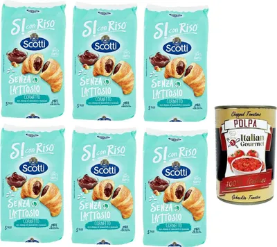 Produktbild von 6x Riso Scotti - Si con Riso - Croissants mit Schokoladencreme und Haselnüssen Laktosefrei, milcheiweißfrei und spurenfrei. + Italian Gourmet polpa 400g