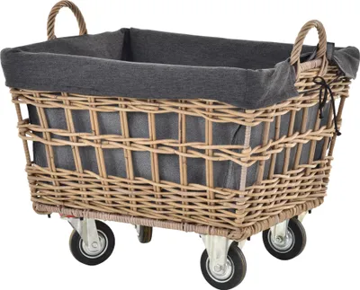 Produktbild von KRINES HOME Holzwagen Rattan Wagen Aufbewahrung mit Inlett Spielzeug Holzkorb mit Rollen Kaminholzwagen (Grau Natur)