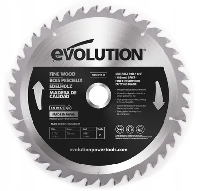 Zdjęcie produktu dla Piła tarczowa do drewna Evolution, 185 mm, precyzyjna, 40 zębów