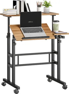 Image de HOMCOM Bureau assis debout, bureau réglable en hauteur 70 x 60 cm, table ordinateur à roulettes avec plateau inclinable, poste de travail pour chambre, petits espaces, marron