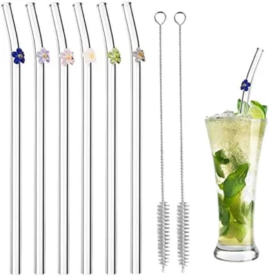 Produktbild von PolkaHome® 6-teiliges Glasstrohhalm-Set mit Blumenmuster, 22 cm, wiederverwendbar