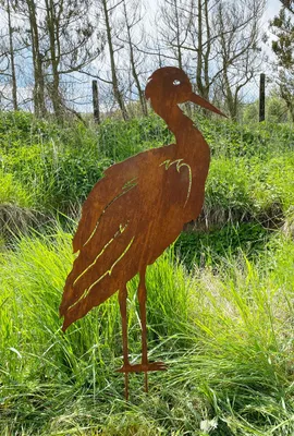 Produktbild von Gartenfigur Reiher stehend H75cm x B43cm + Stäbe Edelrost Gartenstecker Rost Metall Kranich Storch