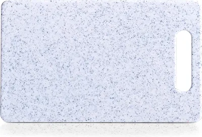 A light gray speckled cutting board with a handle cutout on a white background.