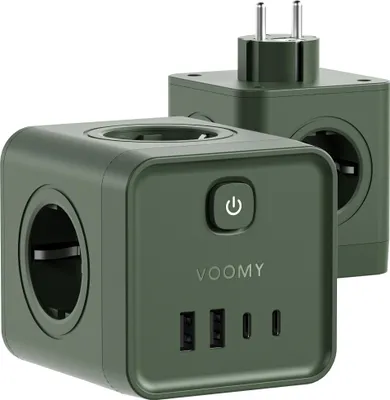 A green VOOMY 8-in-1 power strip with multiple outlets and USB ports is shown against a white background. Another unit is partially visible in the background.