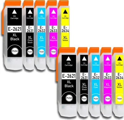 A collection of ink cartridges arranged in two rows.