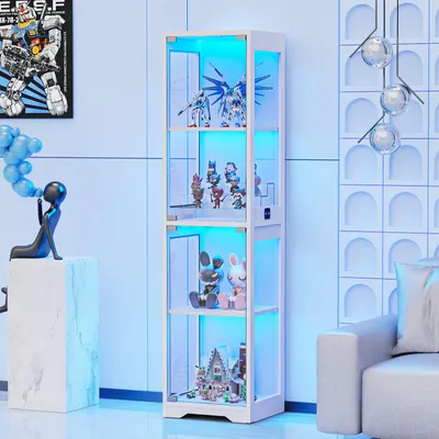 Produktbild von BROTTAR Glasvitrine in Weiß, moderne dreifarbige LED-Beleuchtung, intelligenter Bewegungssensor, staubdichte Design Vitrine für Wohnzimmer & Büro