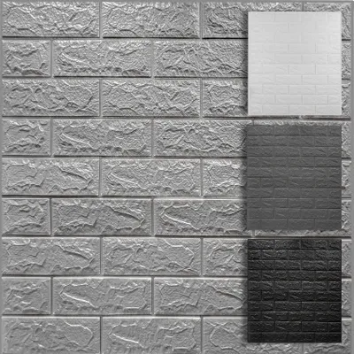 A collage of self-adhesive wall panels with a brick texture in different colors.