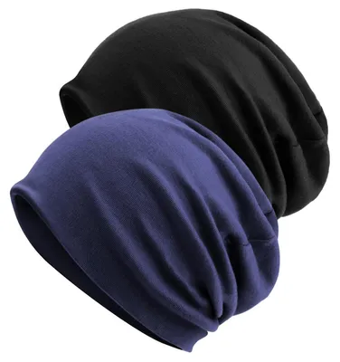 Obrázok produktu pre 2 kusy čiapok typu "beanie" pre dámy a pánov, ľahká čiapka z úpletu, čiapka vhodná aj pre osoby podstupujúce chemoterapiu, tmavomodrá a čierna