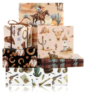 Productafbeelding van Cadeaupapier Cowboy - Inpakpapier Verjaardag - 6 Vellen 50 x 70 cm - Duurzaam - Wild Westen - Creatieve Verpakking