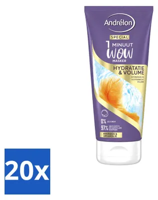 Produktbild von 20 x Andrélon WOW 1-Minuten-Masker Hydratatie & Volumen - 180 ml - Vorteilspackung - 20 Stücke