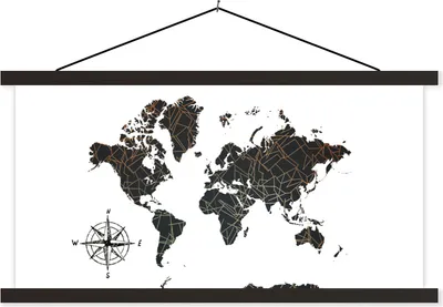 Produktbild von MuchoWow® Textilposter Weltkarte - Windrose - Gold - Design 150x75 cm mit schwarzem Rahmen - Posterleiste