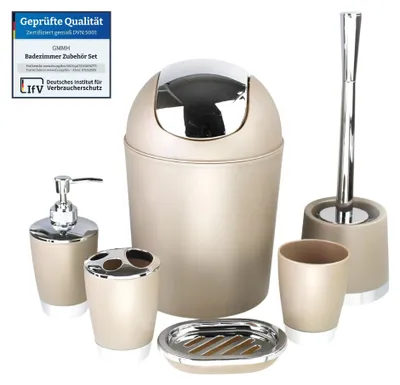 Produktbild von 6tlg Badset Badezimmer Zubehör Set Organizer: (Beige Design 1) Seifenspender, Zahnputzbecher, Kosmetikeimer, WC Bürste, Seifenschale, Mülleimer