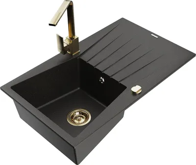 Produktbild von Mexen Cesar 1 Becken-Granitspüle mit Abtropffläche und Mischbatterie Rita, Schwarz/Gold metallisch - 6514-75-670300-50