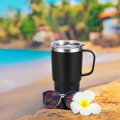 Produktbild von 20oz Reisbecher mit Griff - 600 ml isolierter Becher mit Strohhalm und 2 Deckeln Doppelwandige Vakuum-Wasserflasche - Edelstahl Thermo-Reise-Kaffeebecher für kalte Getränke - schwarz