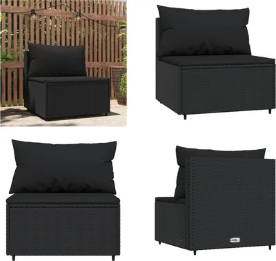 Produktbild von vidaXL Garten Mittelsofa mit Kissen Schwarz Poly Rattan - Mittelsofa - Mittelsofas - Sofa - Outdoor Sofa