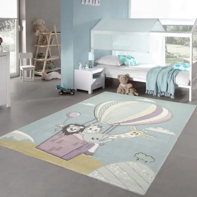 Produktbild von Kinderteppich Spielteppich Teppich Heißluftballon Tiere in pastell blau Größe - 140 x 200 cm