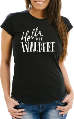 Produktbild von Damen T-Shirt mit Spruch - Holla die Waldfee - Sprüche Spruchshirt Moonworks® schwarz L