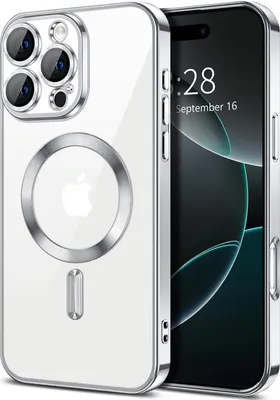 Obrázek produktu pro Magnetické čiré pouzdro pro iPhone 16 Pro Max, kompatibilní s MagSafe, galvanicky pokovené ochranné pouzdro s ochranou fotoaparátu Stříbro