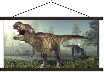 Produktbild von MuchoWow® Textilposter Dino - Gras - Zeichnung - Kinder - Jungen 60x30 cm mit schwarzem Rahmen - Textilien