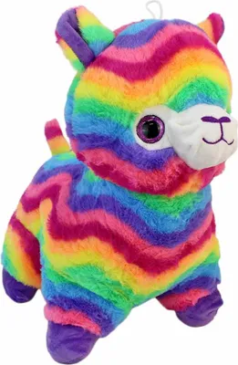 A stuffed toy llama with rainbow-colored wavy stripes.