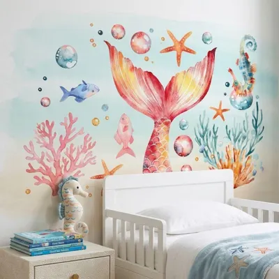 Produktbild von Meerjungfrau Wandsticker Kinderzimmer Unterwasser Deko mit Fisch Korallen und Meerjungfrau Schwanz selbstklebendes Wandtattoo