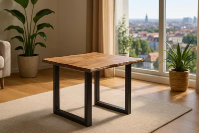 Produktbild von Esszimmertisch 80x80 cm Laurina, Baumkantentisch aus Akazienholz, massiv + stonefarben, U-Metallgestell Schwarz, Esstisch mit echter Baumkante