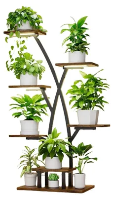 Immagine prodotto di Scaffale per piante con lampada per piante - Scaffale a 7 livelli per piante - Struttura in metallo e ripiani in legno, altezza 106 cm - Scaffale angolare per soggiorno, balcone, giardino