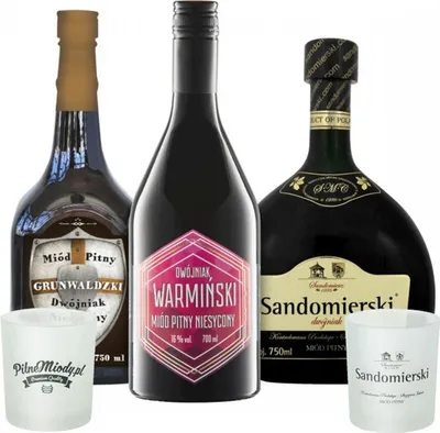 Produktbild von Set mit 3 Dwójniak-Halber Mets mit 2 Bechern |Grunwaldzki, Warmiñski, Sandomierski| | 2200ml | 16% Alkohol Metwein | Polnische Produktion