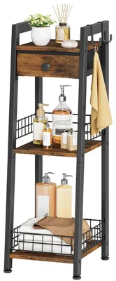 Schmale Badezimmer-Leiterplanke mit Schublade, 3-stufig, braun