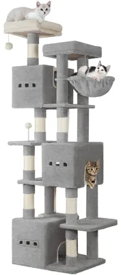Image de Grand arbre à chat - Arbre à chat XXL pour chats - 193 cm de haut - 4 niveaux, 7 poteaux à griffer - 3 niches, 2 plateformes, 1 panier - Avec des balles en peluche - Gris