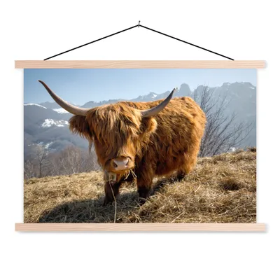 Produktbild von MuchoWow® Textilposter Schottischer Highlander - Berg - Schnee 120x80 cm mit holzfarbenen Rahmen - Aufhängeset