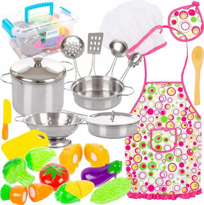 A collection of children's toy kitchenware and play food items arranged on a white background.