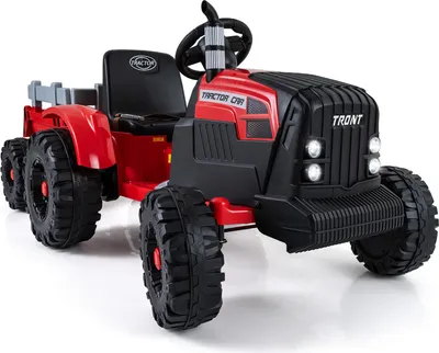 Produktbild von GOPLUS 24V Elektrischer Traktor mit Anhänger, Elektrofahrzeug mit Fernbedienung, LED-Licht, Musik & Bluetooth, Elektroauto für Kinder 3-8 Jahren (Rot)