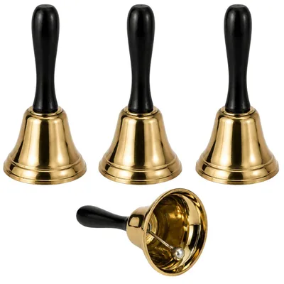 Produktbild von Relaxdays Tischglocke Gold 4er Set 12,5 cm, Metall Handglocken mit schwarzem Griff, Serviceglocken für Rezeption, Theke, Büro & Events, Serviceglocke Handglocke für Rezeption, Theke, Büro, Restaurant