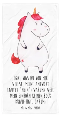 Produktbild von Mr. & Mrs. Panda Strandtuch Einhorn Wut - Weiß - Geschenk, Unicorn, Einhörner, Duschtuch, Handtuch, Nein, Badelaken, Strandlaken, Lustig, Arbeit, Großes Badehandtuch