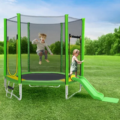 Produktbild von Merax Trampolína Venkovní zahradní trampolína Ø 213 cm Dětská trampolína včetně žebříku, skluzavky, ochranné sítě a skákací tkaniny, krytu hran a příslušenství, zelená