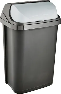 A dark gray trash can with a white flip-top lid, shown against a white background.
