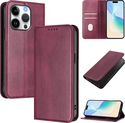 Image de Étui pour iPhone 16 Pro, étui en cuir vintage avec protection RFID, fentes pour cartes, support Rouge
