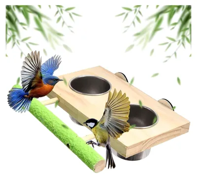 Produktbild von Edelstahl-Vogelfuttertassen mit Holz-Sitzstange und Wassernapf, multifunktionale Futterstation für Papageien und Sittiche