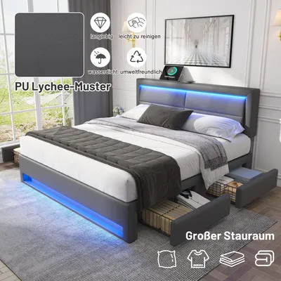 Obrázek produktu pro okwish čalouněné dvoulůžko 140 x 200 cm s nabíjecím portem USB (podporuje bezdrátové i drátové nabíjení) a LED osvětlením, funkční úložné lůžko s nastavitelným čelem (bez matrace) - šedá barva