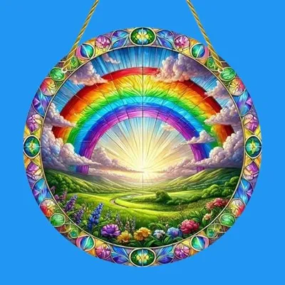 Produktbild von GKA Sonnenfänger Wiese mit Regenbogen 20 cm Buntglas Lichtfänger Fensterbild Fenster Fensterschmuck Fensterdeko