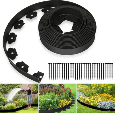 Image de Clanmacy 10m Bordure de pelouse flexible en plastique pour l'ancrage Bordure de parterre Noir avec 30 ancrages de terre