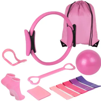Obrázok produktu pre Sada na pilates – tréningová sada – 13-dielna – pilatesový kruh (priemer 35,6 cm) – odporové gumy – malá lopta – posilňovanie svalového koru a zlepšovanie flexibility – ružová farba
