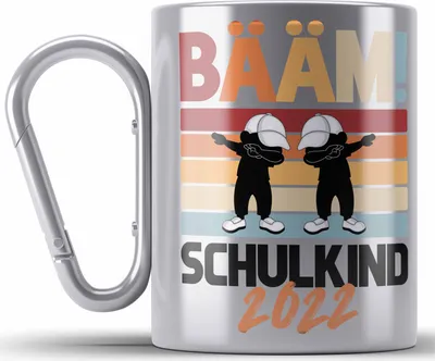 Produktbild von Trendation - Einschulung Jungs Geschenk für Schultüte Füllung Edelstahl Tasse Karabiner Schulstart 1. Schultag Schuleinführung Schulanfang Geschenkidee Schulkind Junge (Silber)