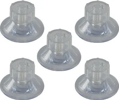 Five clear suction cups with threaded knobs are arranged in a scattered pattern on a white background.