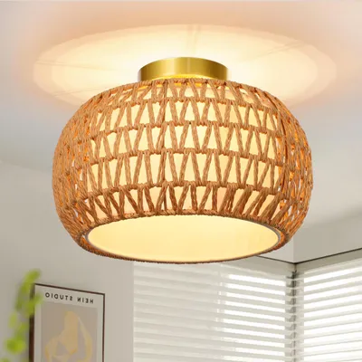 Produktbild von Deckenlampe Boho Vintage Deckenleuchte E27 3-Flammige Pendelleuchte mit Rattan Lampenschirm für Wohnzimmer, Schlafzimmer, Küche, Flur