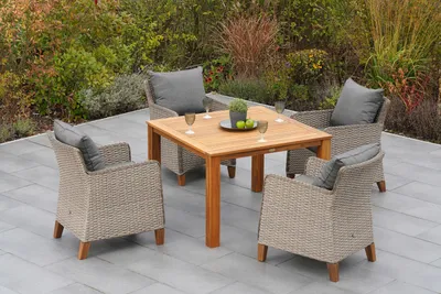Obrázek produktu pro Merxx "Avellino" 5dílná sada zahradního nábytku se stolem 110 x 110 cm, včetně polštářů - hliníkový rám s plastovým proutím kámen béžová a akátové dřevo