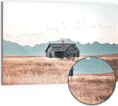 Produktbild von DEQORI Hybrid Leinwand Bild 90x60 cm 'Stille Feldhütte' Wandbild Glas flach modern