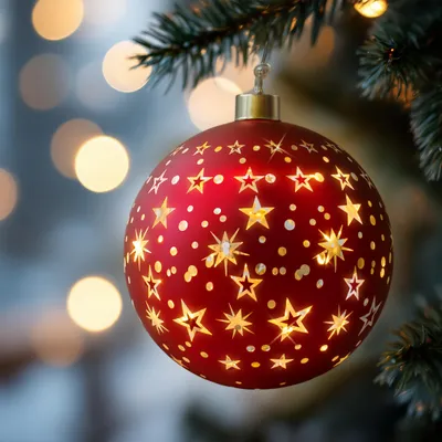 Obrázek produktu pro Skleněná vánoční cetka červená k zavěšení s 10 LED diodami - 12 cm - Dekorativní cetka na baterie teplá bílá