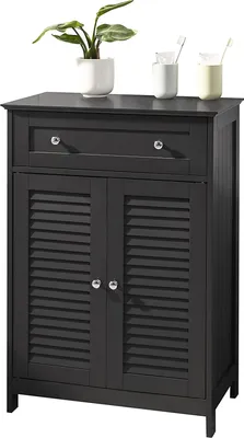 Image de Armoire de salle de bains Rootz – Rangement pour salle de bains – Armoire avec tiroir et deux portes battantes – Gris foncé